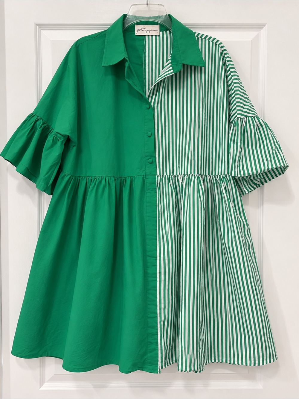Petal & Pup Green White Striped Colorblock Babydoll Mini Dress Ruffle Sleeve